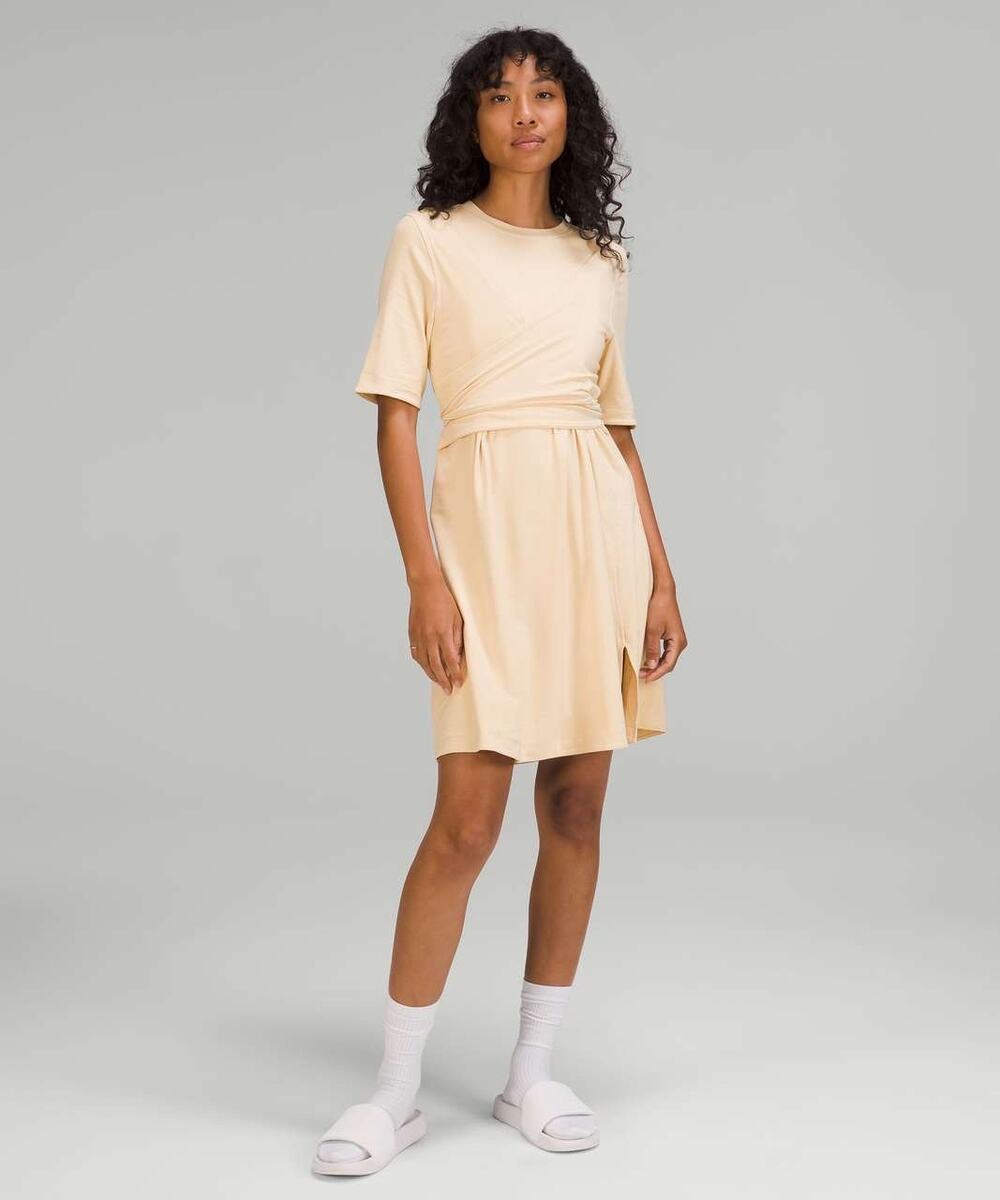 Lululemon Prosecco Yellow Cotton Wrap Front T-Shirt Mini Dress Size 4 Butter